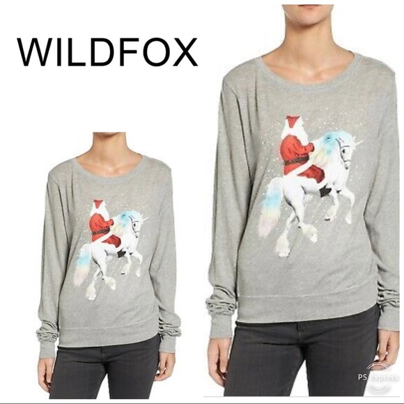 WILDFOX UNICORN SLEIGH GRAY SANTA GRAPHIC TEE - Picture 2 of 4